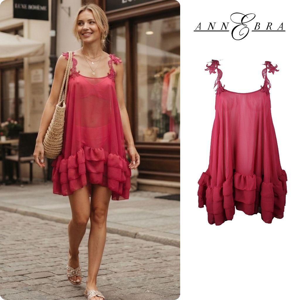 Annebra ชุดเดรส สายเดี่ยว ชายระบาย ผ้าชีฟองแต่งลูกไม้ Chiffon Nightwear Dress รุ่น AN8-594