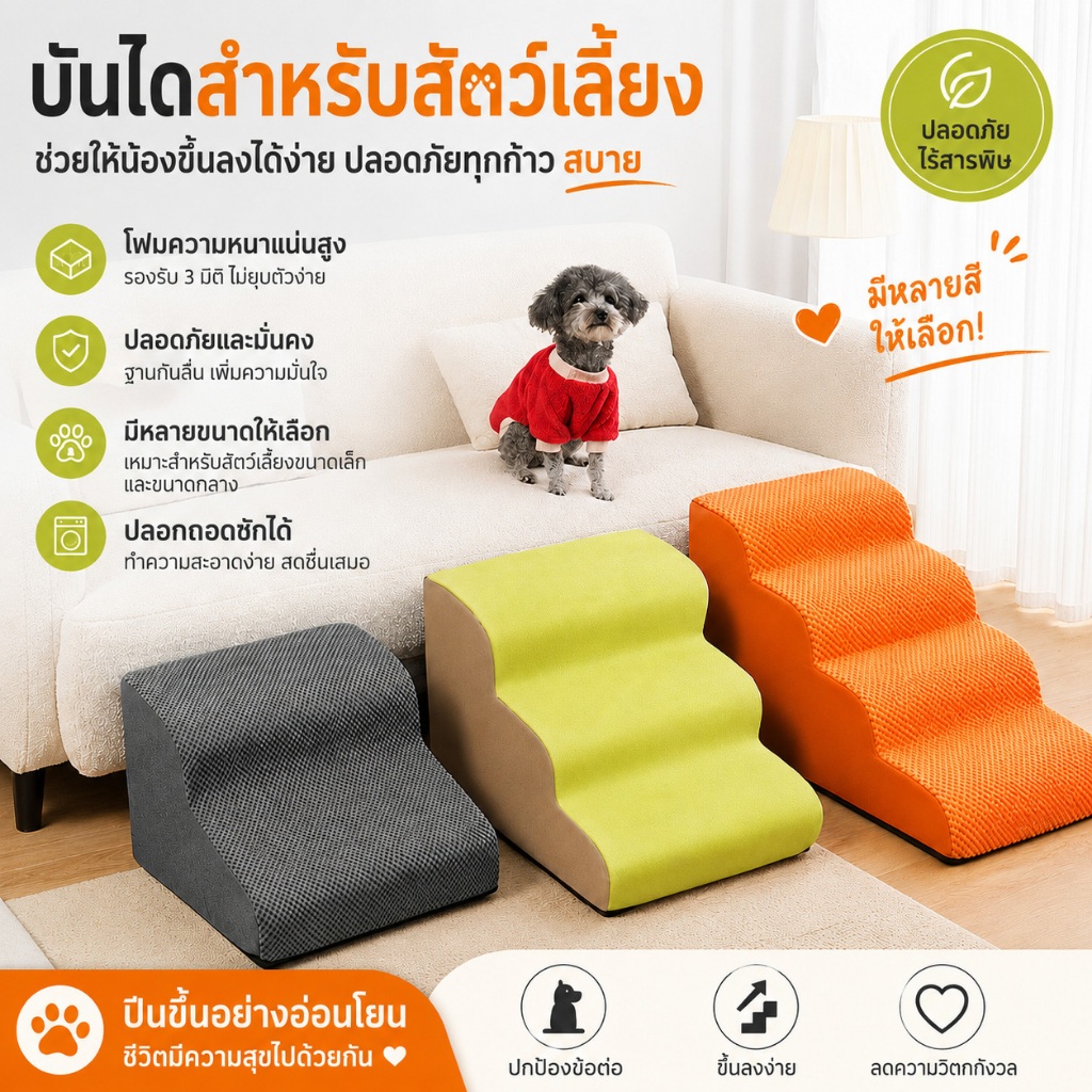 บันไดสัตว์เลี้ยง บันไดโซฟาข้างเตียง รุ่นแบบนุ่ม บันไดสุนัข หมา แมว เพื่อให้ขึ้นเตียงได้ง่าย ถอดซักได้