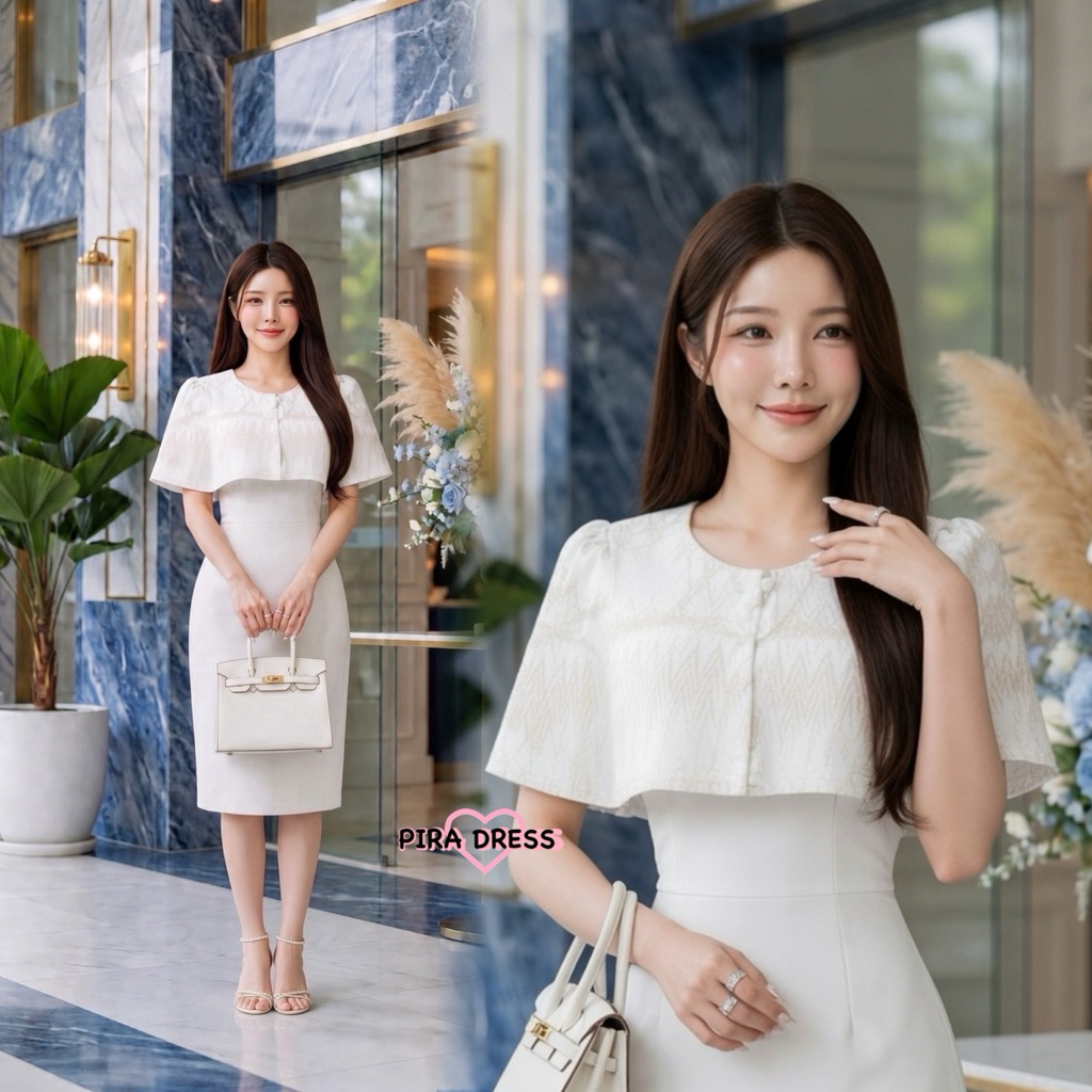 PIRA DRESS เดรสผ้าฝ้าย อัดกาวทั้งชุด สีขาว