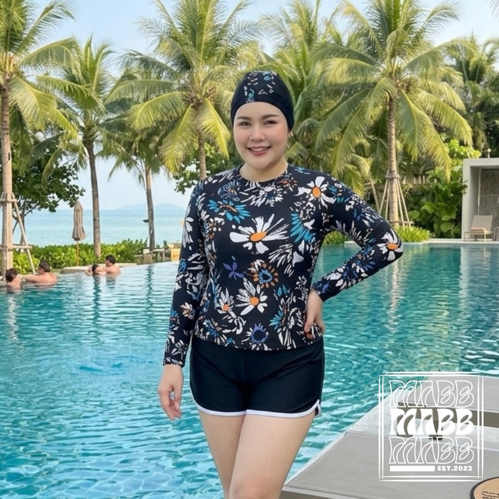 New! MABB - Carnival Swimwear ชุดว่ายน้ำผู้หญิง แขนยาว กางเกงขาสั้น เซ็ต 3 ชิ้น ชุดว่ายน้ำสาวอวบไซส์ใหญ่