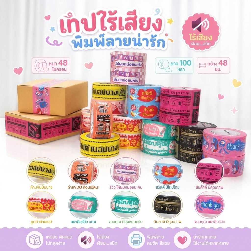 เทปไร้เสียงพิมพ์ลายน่ารัก ขนาดกว้าง48มม ยาว100หลา คุ้มกว่า