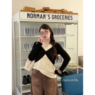 (ส่วนลดโปรเปิดร้าน+ส่งฟรีโค้ดคุ้ม✅) เสื้อแขนยาวแต่งเลเยอร์สลับสี พร้อมดีไซส์งานคล้องคอ + ม้วนอกแต่งอะไหล่ชายเสื้อ(38-52)