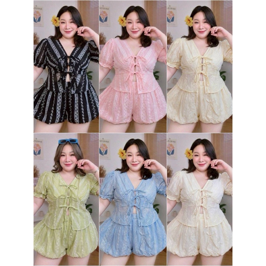 ชุดเซท2ชิ้นผ้าโรซี่พิมลาย>เสื้อผูกหน้าและกางเกงขาสั้น