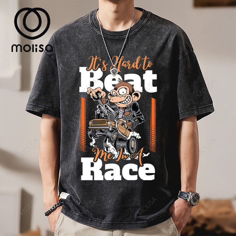 Molisa เสื้อ สกรีนลายเท่ Beat Me In A Race แขนสั้น oversize เสื้อยืด ผู้ชาย สีดำ โอเวอร์ไซส์ 68341#