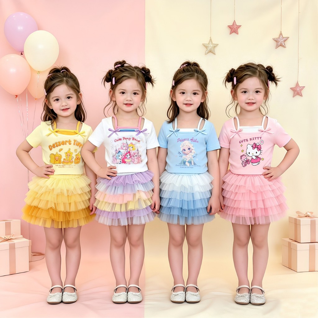 MC362 ชุดเดรสเด็กผู้หญิง เสื้อสายเดี่ยว + กระโปรงตูตู หลายชั้น ลายการ์ตูนน่ารัก อายุ 2-10 ปี ผ้านุ่มใส่สบาย