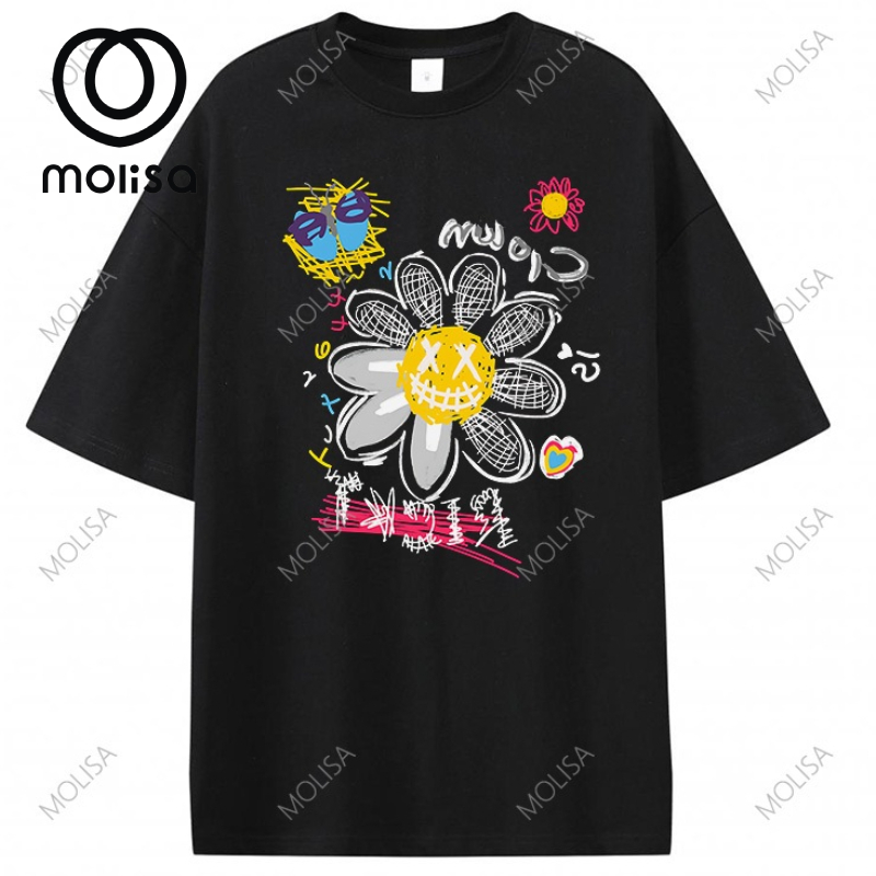 Molisa เสื้อดอกไม้ผู้หญิง oversize unisex เสื้อ คอกลมผู้หญิง เสื้อยืดผู้หญิง 68197#