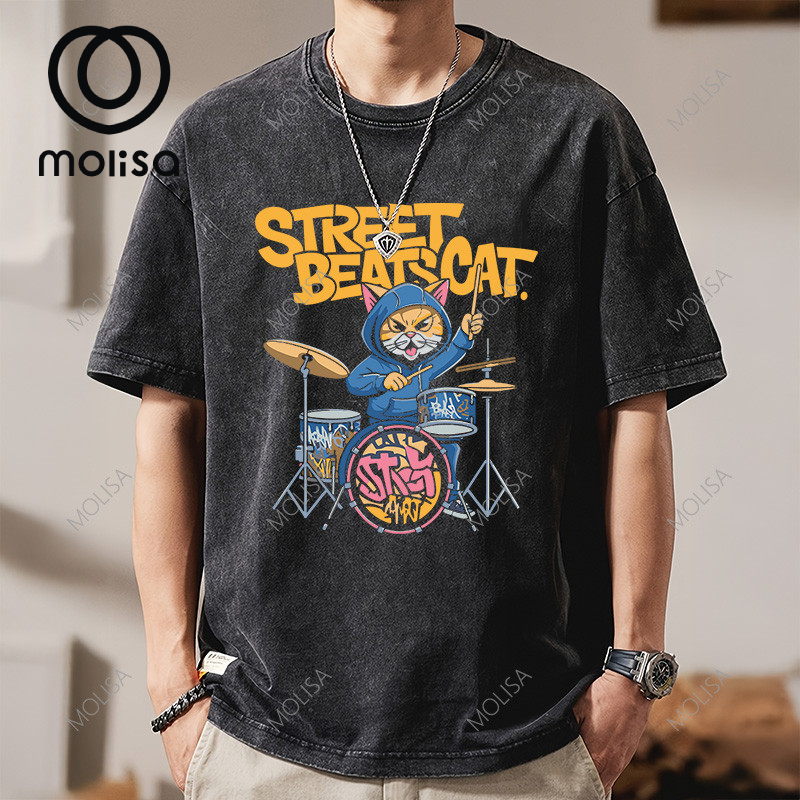 Molisa เสื้อยืดโอเวอร์ไซส์ Beatscat เสื้อแฟชั่น Printed T-Shirt ผ้าCotton100% ทรงหลวมใส่ชิล 68212#