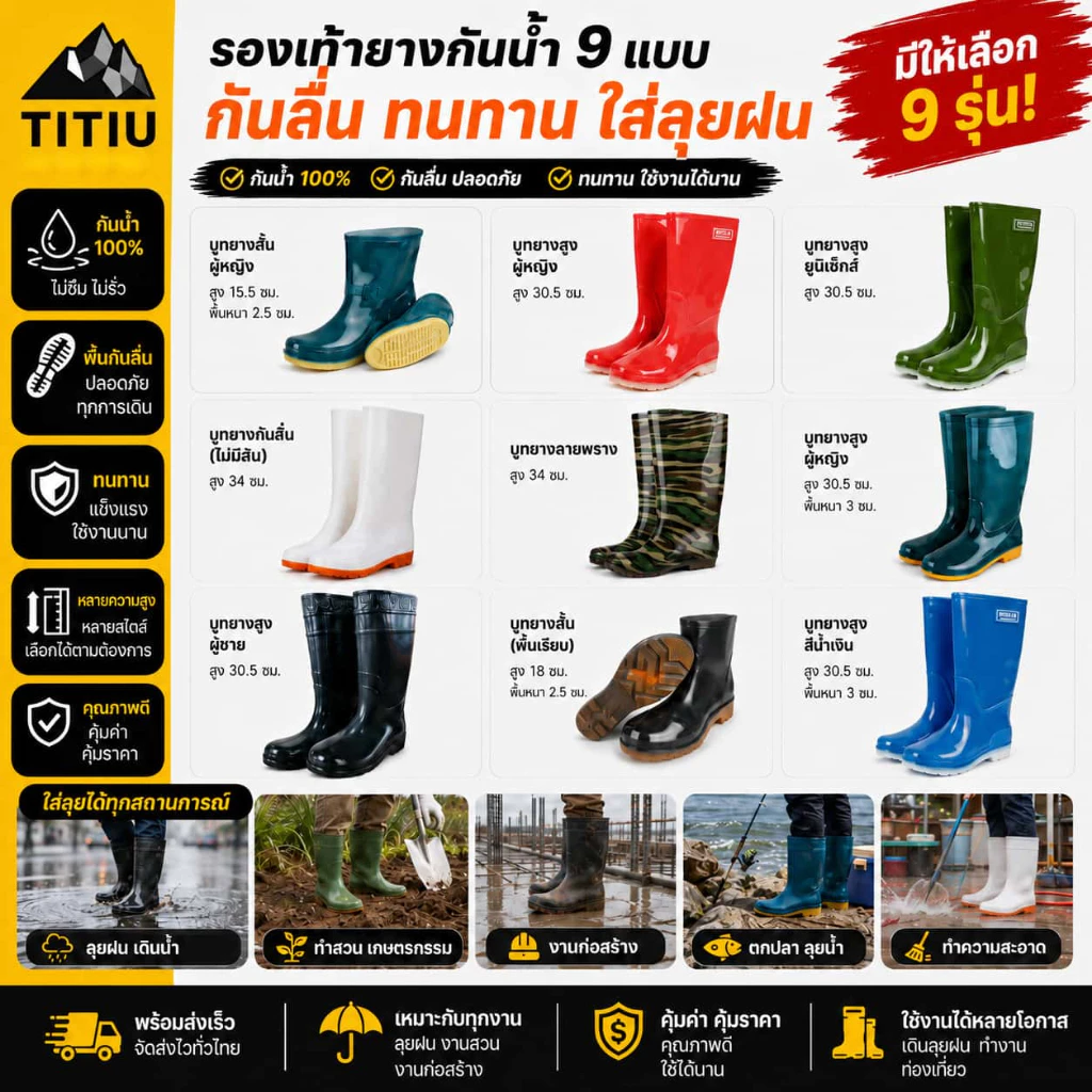 TITIU รองเท้าบูทกันน้ำ รองเท้าบู๊ตยาว สไตล์ยาว สำหรับตัดหญ้า รองเท้าบู๊ต (ขนาด 36-44) ยางกันน้ำ, คุณภาพดี