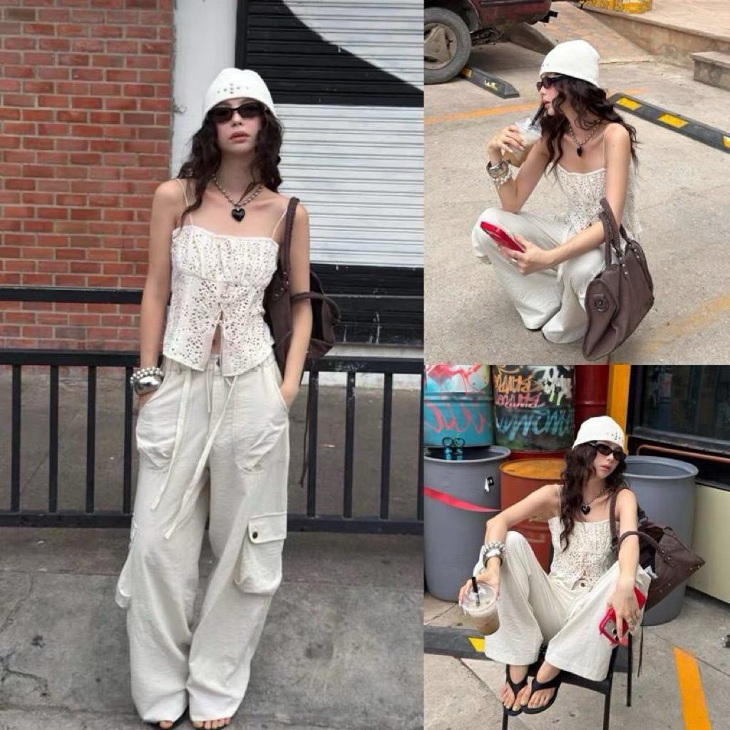 Glamorg1083-เสื้อสายเดี่ยวผ้าฉลุนิ่ม ผ่าหน้า แต่งเชือกผูกไขว้