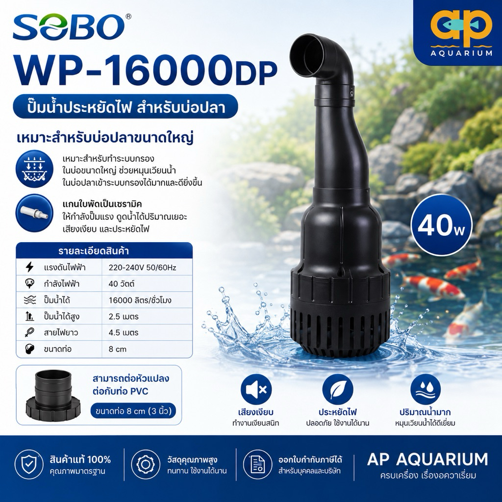 ปั๊มน้ำ SOBO WP-16000 DP แบบประหยัดไฟรุ่นคอยาว