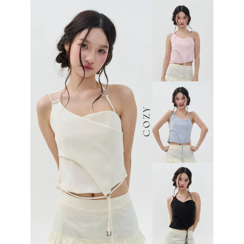 COZY TOP (เฉพาะเสื้อ) ตัวเสื้อออกแบบเป็นชั้นเลเยอร์ด้านหน้า ตัดเว้าโค้งไล่ระดับ และดีเทลสายคล้องไหล่ปรับระดับได้