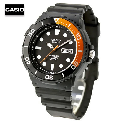 นาฬิกาข้อมือผู้ชายคาสิโอ Casio สายยางเรซิ่นสีดำ ขอบหน้าปัดสีส้ม รุ่น MRW-230H-1E4VDF, MRW-230H-1E4, 