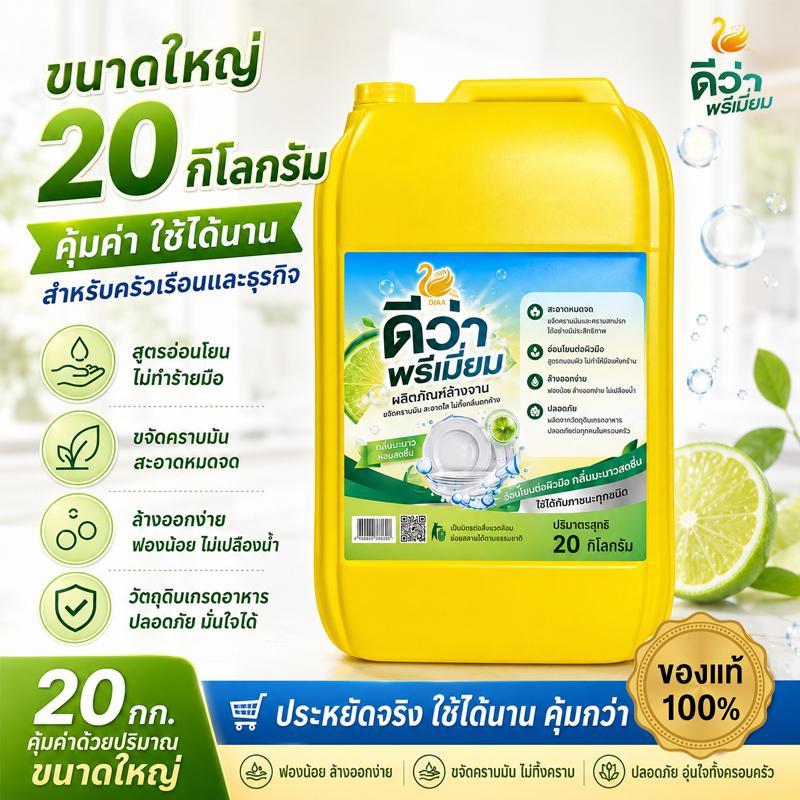 ดีว่า พรีเมี่ยม DVA PREMIUM น้ำยาล้างจาน 20000 มล.  ซื้อยกลังราคาถูกมาก คุ้มค่าสุดๆ