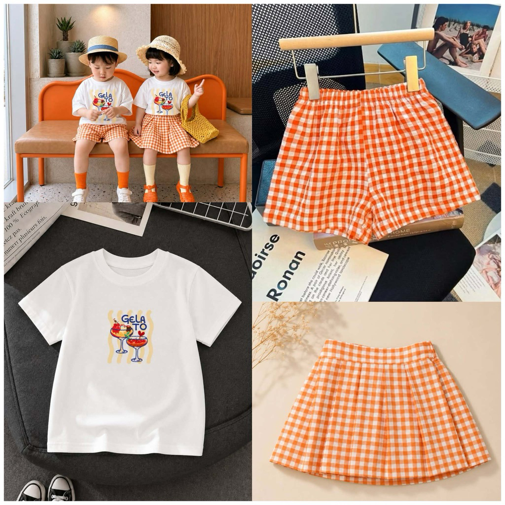 พร้อมส่งจากไทย ชุดเซ็ตเด็กสีส้ม เสื้อเด็กแฟชั่น มีกางเกงและกระโปรงแยก
