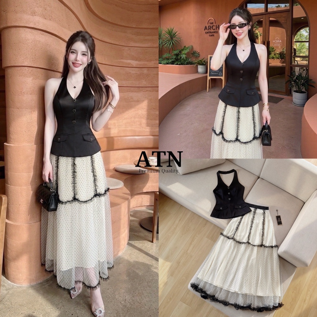 ATN  ATN151 สวยหรูดูแพง ชุดset 2ชิ้น เสื้อคล้องคอช่วงอกเเต่งกระดุมหัวใจ pn
