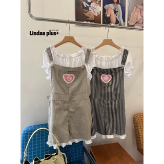 LindaaPlus-- ชุดเซ็ตเอี๊ยมกางเกงรุ่น “𝑳𝒐𝒗𝒆“💝✨เสื้อปาดไหล่แขนตุ๊กตา+เอี๊ยมกางเกง ผ้ายีนส์ลายริ้ว ปักหัวใจที่กระเป๋าหน้าอก