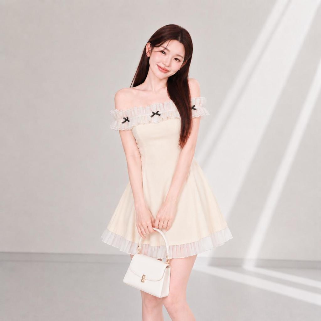 【Karlyn】DS0416# มินิเดรสปาดไหล่ ชีฟอง แต่งโบว์จิ๋ว ทรงเข้ารูป ปลายกระโปรงเเต่งระบาย น่ารักมาก ใส่ออกงานได้