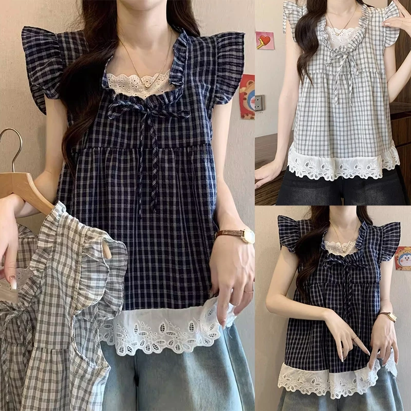 เสื้อเชิ้ตลายสก็อตแขนสั้น แต่งระบายลูกไม้ ทรงวินเทจ ทรงหลวม เนื้อผ้านุ่ม จัดส่งจากประเทศไทย 99172