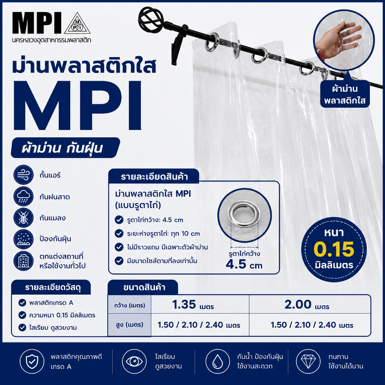 ม่านพลาสติกใส MPI หนา 0.15 มิล ตาไก่ สีเงินรูใน 4.5cm กว้าง 1.35/2 เมตร สูง 1.50,2.10 และ 2.40 เมตร 