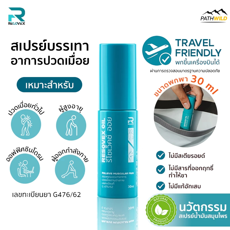 Resovex Oil 30ml สเปรย์พ่นกล้ามเนื้อ ลดอักเสบเฉียบพลัน รองช้ำ เคล็ดขัดยอก ลดตะคริว 30ml.