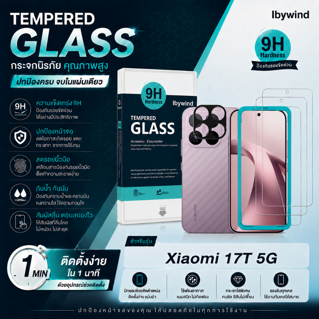 Ibywind ฟิล์มกระจก Xiaomi 17T 5G ครบชุด หน้า+กันเลนส์กล้อง ใส 4K ติดตั้งง่าย ส่งจากไทย