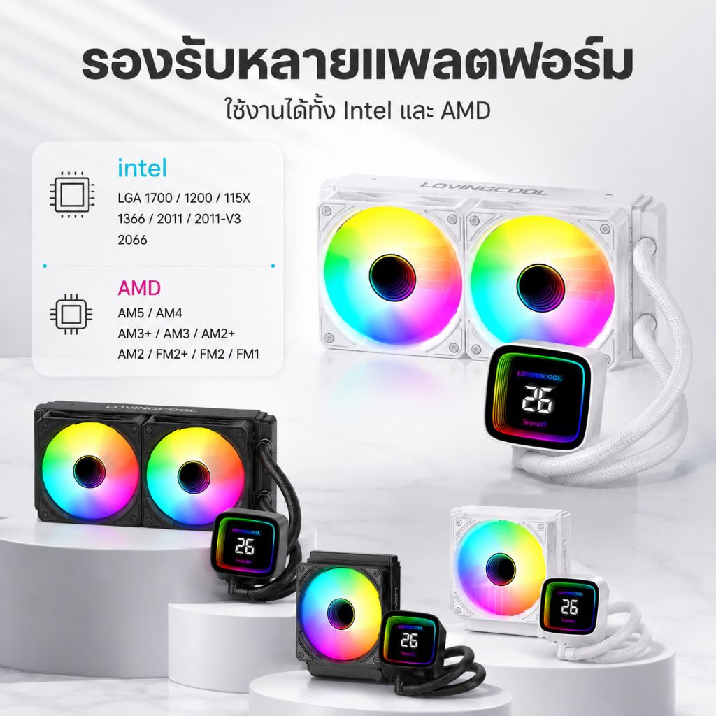 LIQUID COOLING ชุดระบายความร้อนน้ำปิดเครื่องทำน้ำเย็น LOVINGCOOL พร้อมจอแสดงอุณหภูมิ พัดลมระบายความร้อน ARGB ขนาด 240 มม