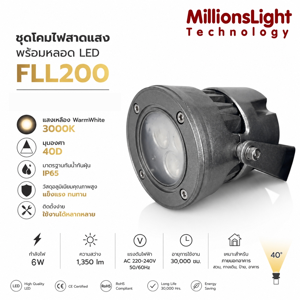 ชุดโคมไฟสาดแสงพร้อมหลอด LED FLOOD LIGHT FLL200 3000K WARMWHITE IP65 6Watt