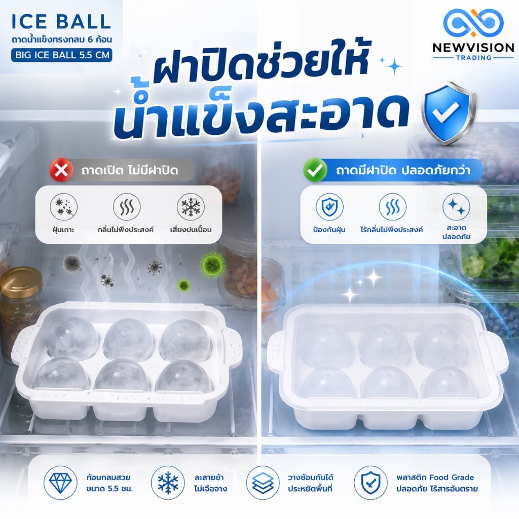 ICE BALL ที่ทำน้ำแข็ง ก้อนกลม 6 ก้อน ขนาด 5 ซม. ก้อนใหญ่ ถาดทำน้ำแข็ง แม่พิมพ์ทำน้ำแข็ง กล่องทำน้ำแข็ง ทำเยลลี่ฮอกกี้