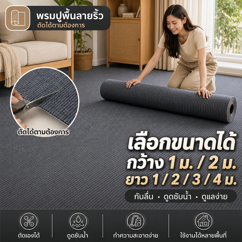 พรมปูพื้น พรมปูพื้นห้องนอน พรมขนสั้น พรมปูพื้นห้องรับแขก พรมสำนักงานขนาดใหญ่ ตัดได้ สีทึบลายทาง DIY