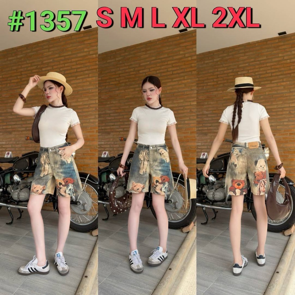ป้ายVintage กางเกงยีนส์สามส่วน เอวสูง สกรีนลายน้องหมี(1357)