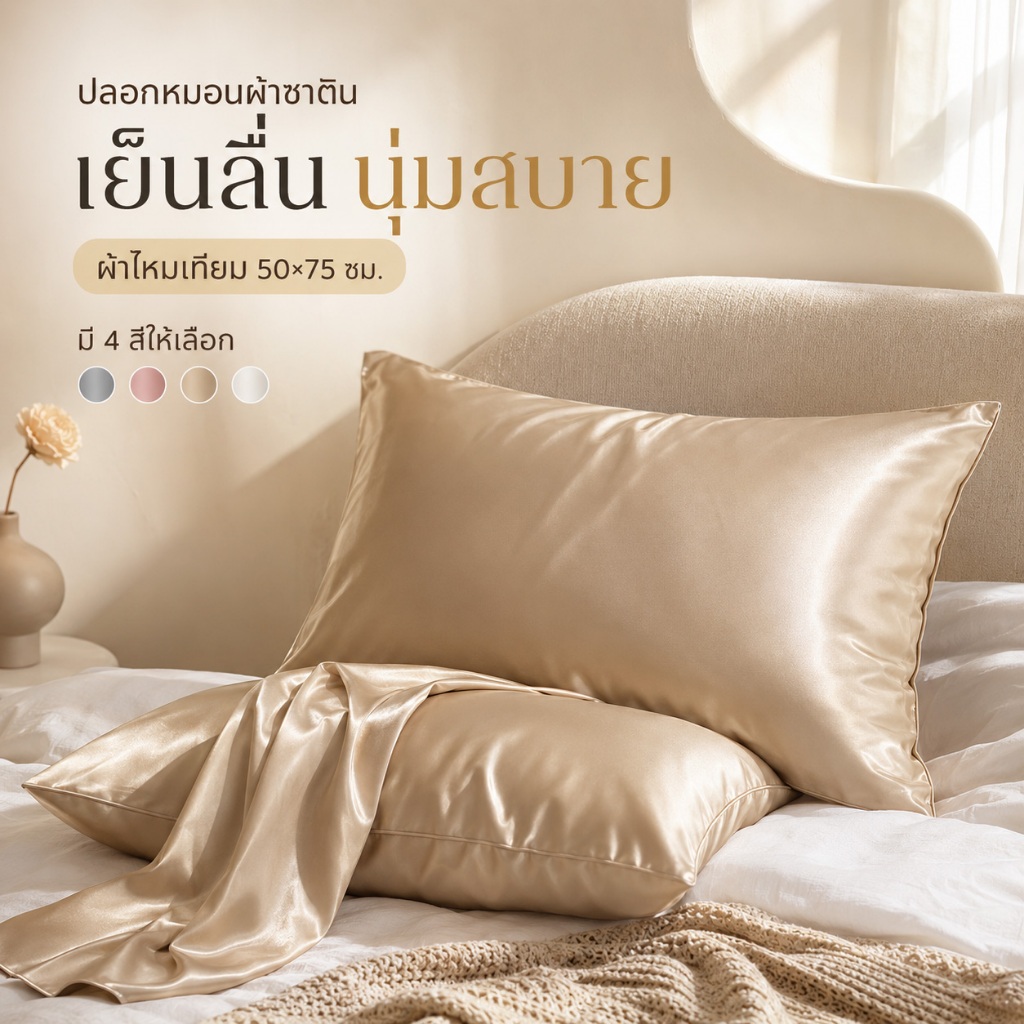🛏️ปลอกหมอนผ้าซาติน ผ้าไหมเทียม กันไรฝุ่น เย็นสบาย ซาตินผ้าไหม สีพื้น เรียบหรู ขนสัตว์ไม่ติดง่าย 50x75 ซม