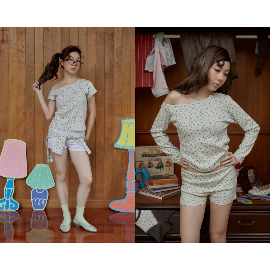 Breen Top เสื้อปาดไหล่ แขนสั้น และ แขนยาว สกรีนลายดอกไม้ทั้งตัว🌷🏠🧱