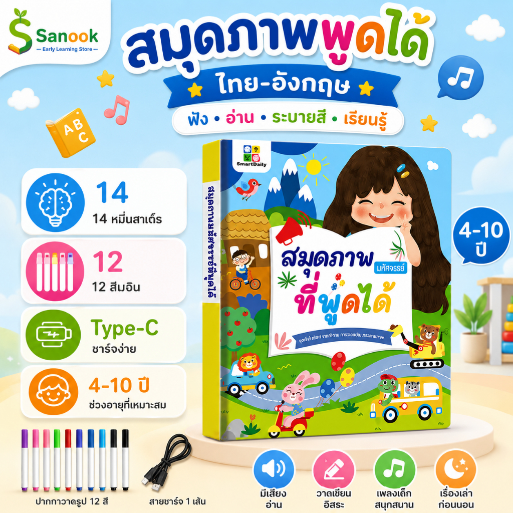 COD หนังสือพูดได้สองภาษา ไทย-อังกฤษ ระบายสีได้ 14 หัวข้อ เพลง นิทาน แถมปากกา 12 สี เสริมพัฒนาการ ของเล่นเสริมไอคิว