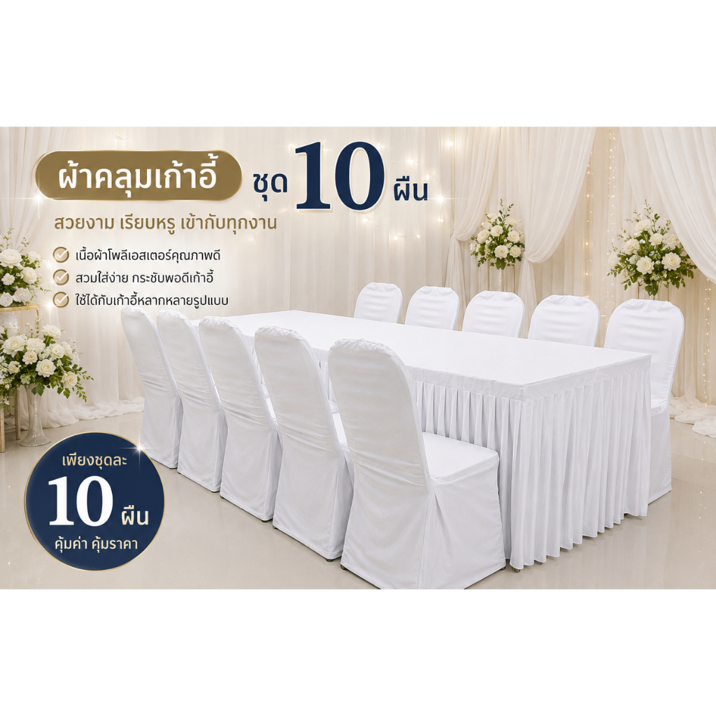ผ้าคลุมเก้าอี้พลาสติกผ้าสีขาว ชุดละ 10 ผืน ทำจากผ้าไมโครเนื้อเนียนเรียบสวย