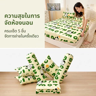 ชุดผ้าปูที่นอนรัดมุม 5 ชิ้น ผ้าฝ้ายพิมพ์ลายการ์ตูน นุ่ม ระบายอากาศ พร้อมปลอกหมอน 2 ใบ และปลอกหมอนข้าง 2 ใบ 3/3.5/5/6 ฟุต