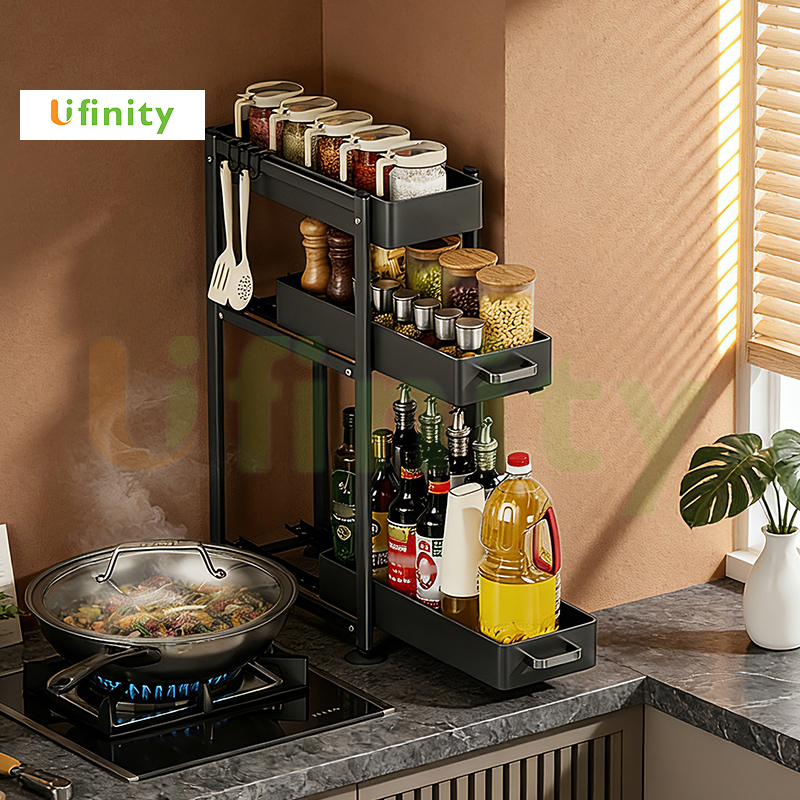 Lifinity 2/3 ชั้น วางเครื่องเทศแบบดึงออกได้ เหล็กกล้าคาร์บอน พร้อมที่จับ รวมตะขอ