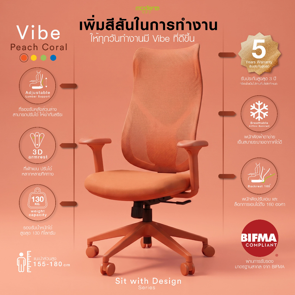 Modena Vibe เก้าอี้ทำงาน Ergonomic พนักพิงตาข่าย Lumbar ปรับได้ แขน 3D เอนล็อกได้ รับ 130 กก.