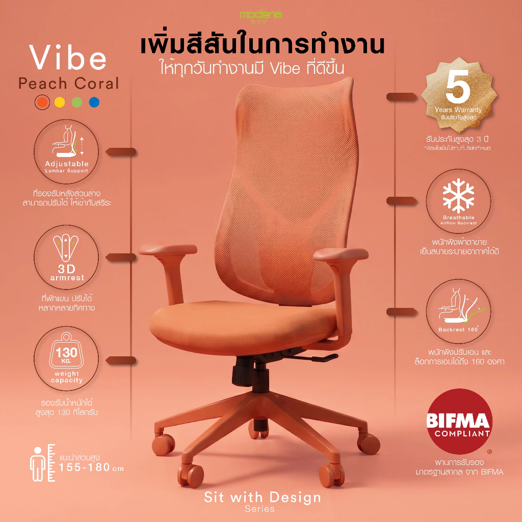 Modena Vibe เก้าอี้ทำงาน Ergonomic พนักพิงตาข่าย Lumbar ปรับได้ แขน 3D เอนล็อกได้ รับ 130 กก.