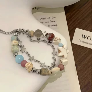bracelet สร้อยข้อมือ ประดับลูกปัดเซรามิค ins สองชั้น ดาว สีครีม สไตล์ชนเผ่า ละเอียดอ่อน ปรับขนาด COD