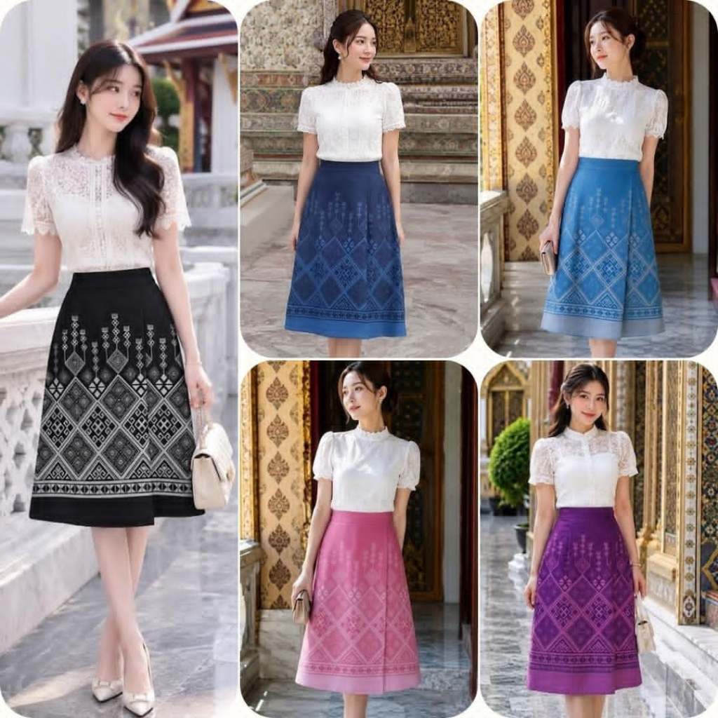 Moochompoo *พร้อมส่ง* i150 ผ้าญี่ปุ่น กระโปรงลายไทยทรงเอ ป้ายทบหน้า ยาว 24 นิ้ว ไซส์ S-5XL ผ้าไม่ต้องรีด ผ้านุ่ม ใส่สบาย
