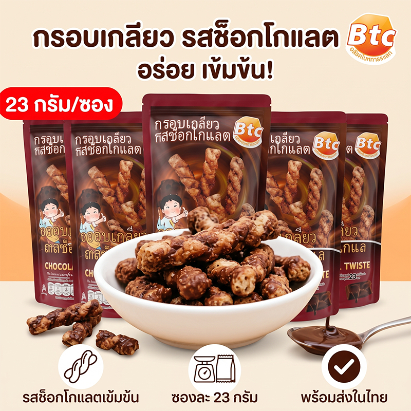 BTC ขนมกรอบเกลียว รสช็อกโกแลต ขนมขบเคี้ยว ตราบีทีซี กรอบอร่อยทานเพลิน Chocolate Twists 23g