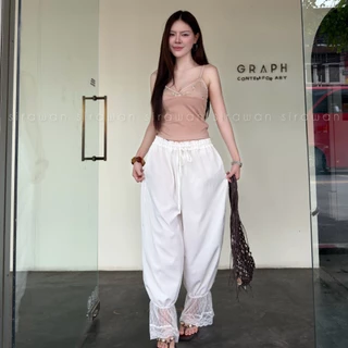 💰Mahahengcloset💰กางเกงขาจั๊ม ชายระบายลูกไม้ ผ้าครัช เอวสม็อค ยืดได้ ทรงสวย ใส่สบาย สาวอวบใส่ได้