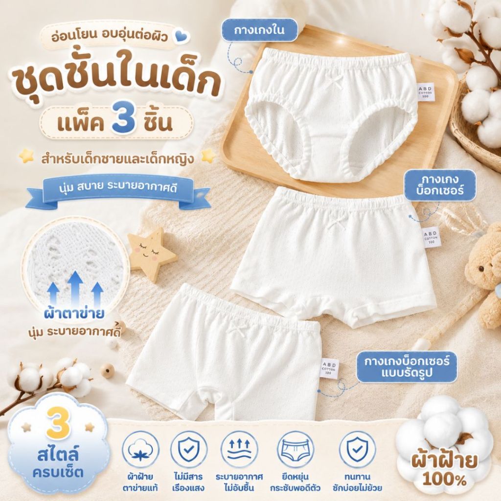 กางเกงในเด็ก cotton100% ผ้าฉลุระบายอากาศดีเยี่ยม ไม่อับชื้น นุ่มสบาย สำหรับเด็กหญิง