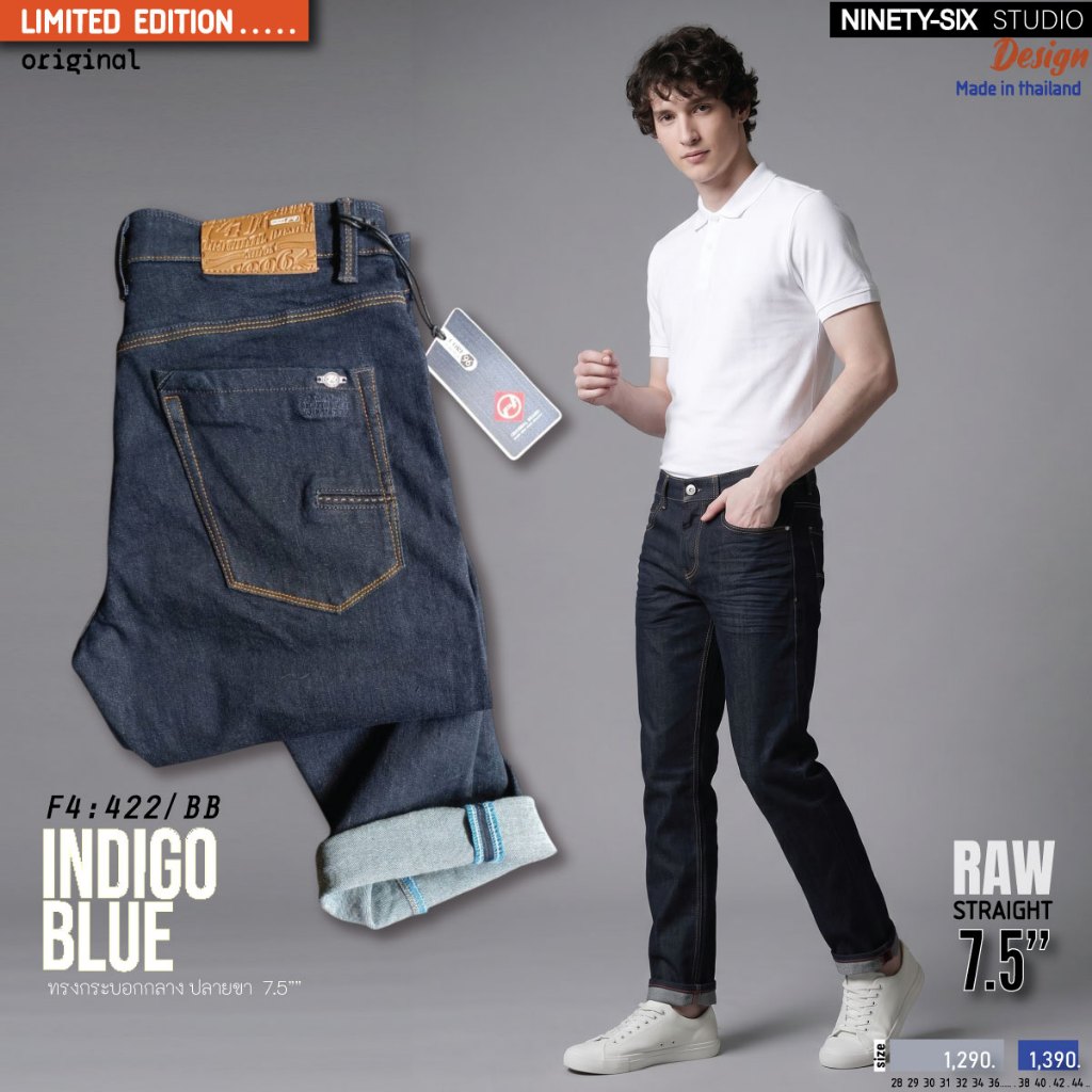 F4-422/BB INDIGO BLUE กางเกงยีนส์ยืด ทรงกระบอกกลาง สีอินดิโก-บลู Man Clothing Jeans ผู้ชาย