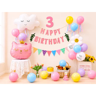 ชุดลูกโป่งวันเกิด ธีมชมพู แมว เมฆ Happy Birthday Balloon Set