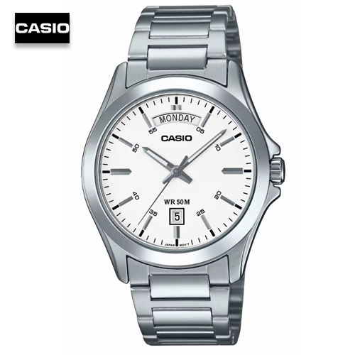 นาฬิกาข้อมือผู้ชายคาสิโอ Casio Standard สายสแตนเลสสีเงิน หน้าปัดสีขาว รุ่น MTP-1370D-7A3VDF, MTP-137