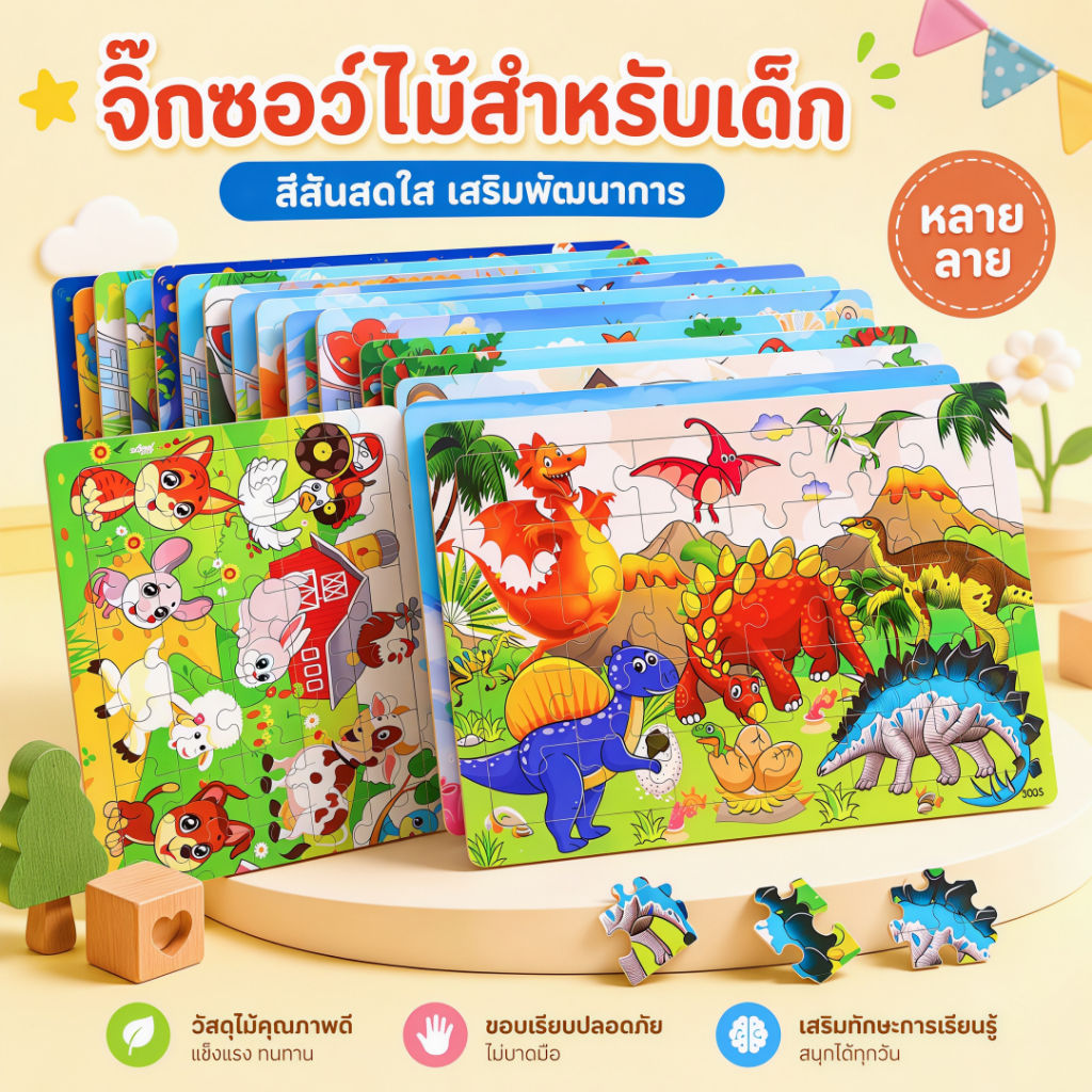เตรียมจัดส่งจากประเทศไทยปริศนาไม้ (30 ชิ้น, 9 ชิ้น) ไม้ไม้ก๊อก ปริศนา ของเล่นเสริมพัฒนาการ ปริศนาเด็ก
