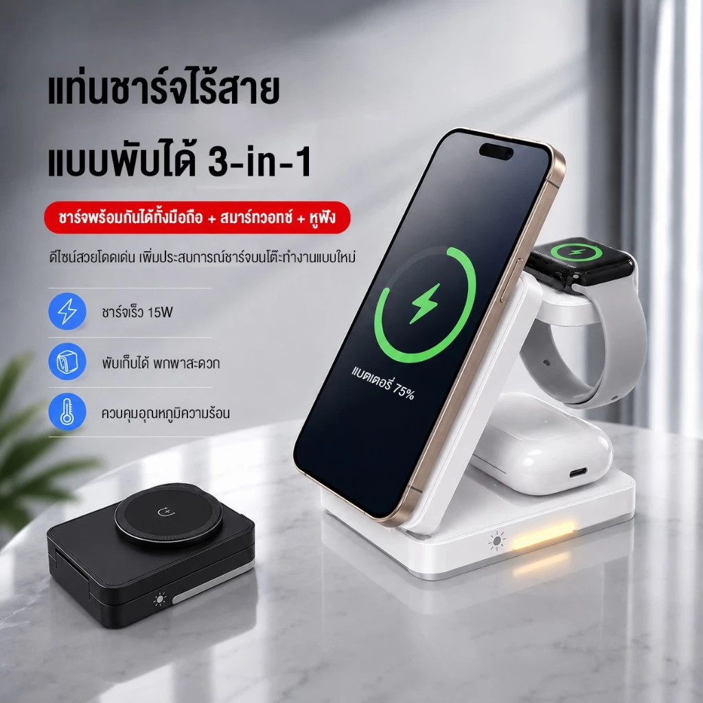 NEODIGI G12 แท่นชาร์จไร้สายแม่เหล็กแบบพับได้ 3-in-1 15W สำหรับ สมาร์ทโฟน หูฟังไร้สาย รองรับ iOS แท่นชาร์จหูฟัง thumbnail 3