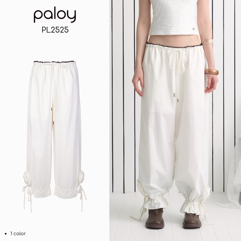 Paloy - PL2525 Rosebud pants กางเกงทรงบอลลูนรูดสายปลายขา แต่งดอกคามิเลีย
