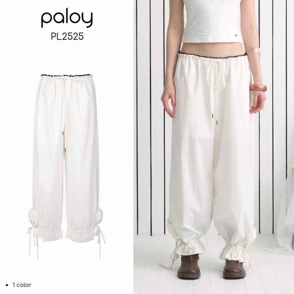Paloy - PL2525 Rosebud pants กางเกงทรงบอลลูนรูดสายปลายขา แต่งดอกคามิเลีย